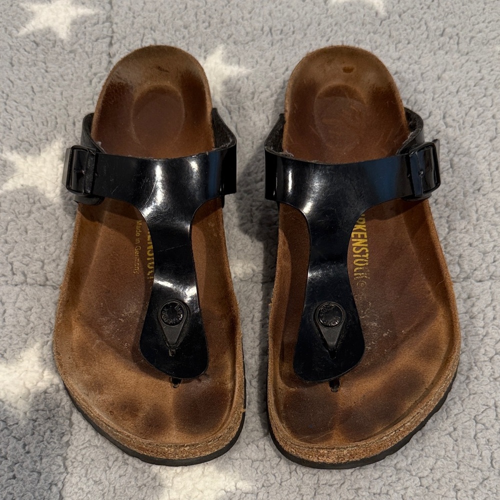 Birkenstock Glossy Black T-Strap Sandals